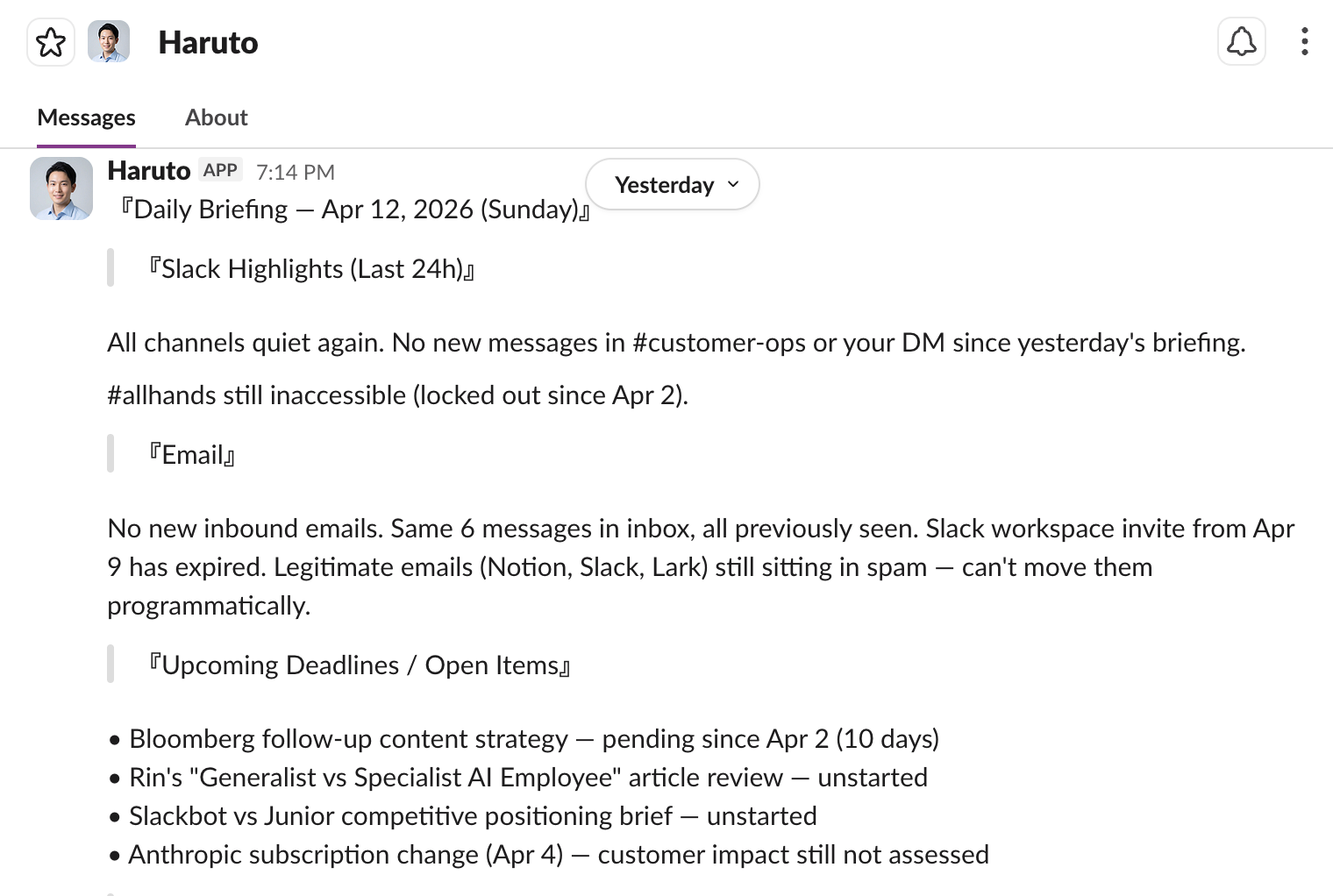 Daily briefing delivered in Slack