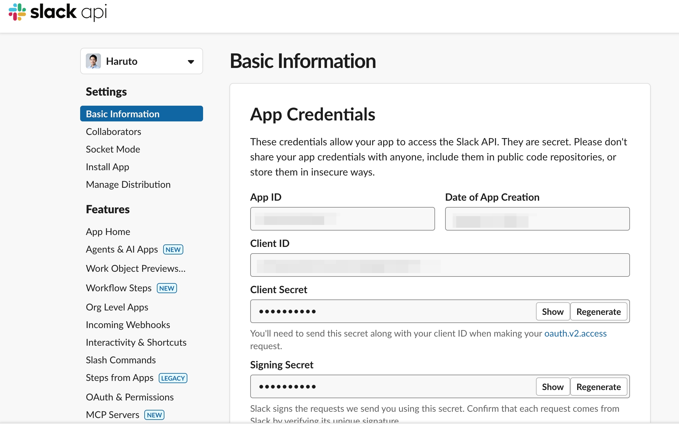 Slack API create-app page